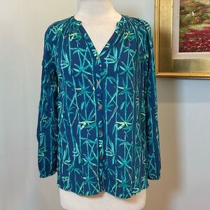 Lilly Pulitzer Blue‎ Green Bamboo Print Button Front Blouse